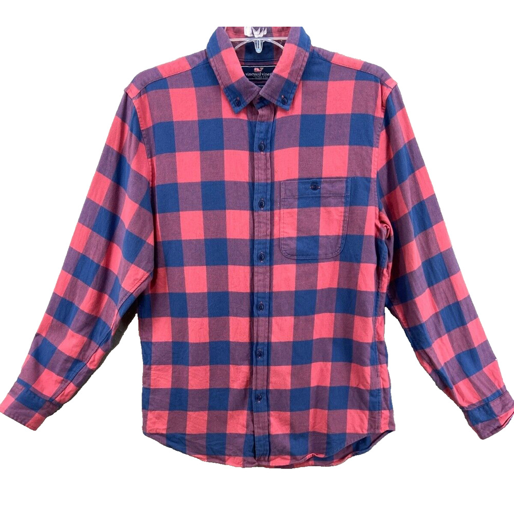 Vineyard Vines Shirt Mens Sz S Slim Longshore Pink Blue Kelby Cotton Flannel